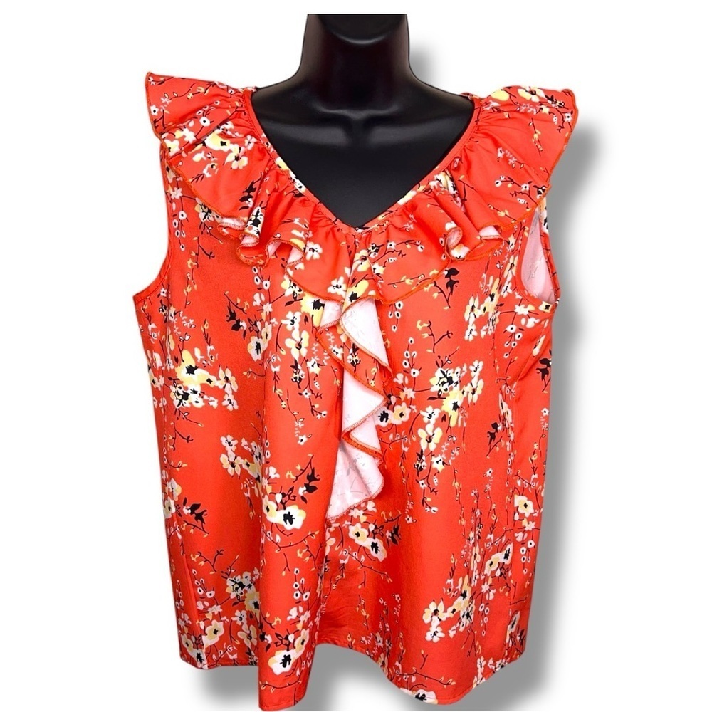 Large Orange Floral Ruffle Sleeveless Top Vneck Stretch Colorful Yellow Accent